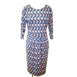 Boden Blue Pink Geometric Print Ruched Waist Jersey Sheath Dress – Size 2